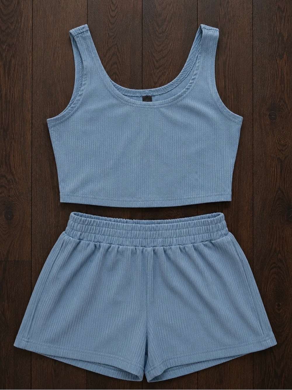 Light Blue Ribbed Crop Tank & Shorts Set - Picture 2 of 4